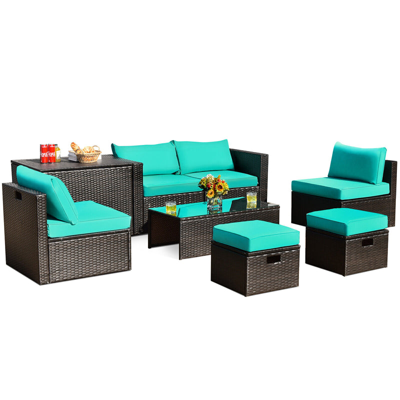 8 Piece Space-saving PE Rattan Wicker Outdoor Sectional Sofa Modular Patio Furniture with Storage Box & Waterproof Cover