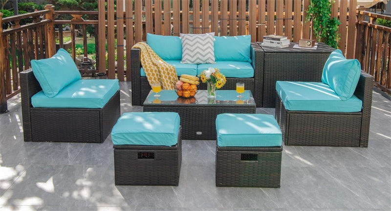 8 Piece Space-saving PE Rattan Wicker Outdoor Sectional Sofa Modular Patio Furniture with Storage Box & Waterproof Cover