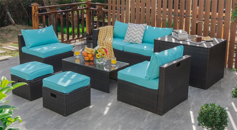 8 Piece Space-saving PE Rattan Wicker Outdoor Sectional Sofa Modular Patio Furniture with Storage Box & Waterproof Cover