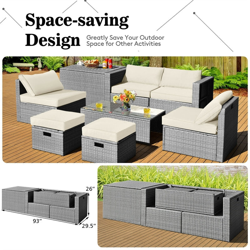 8-Piece Patio Wicker Furniture Set Outdoor Rattan Conversation Set with Storage Box