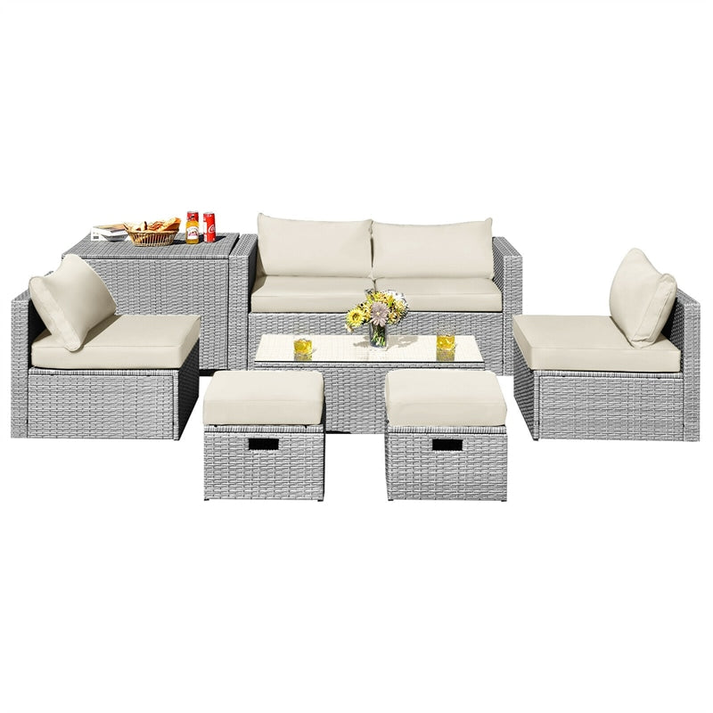 8-Piece Patio Wicker Furniture Set Outdoor Rattan Conversation Set with Storage Box