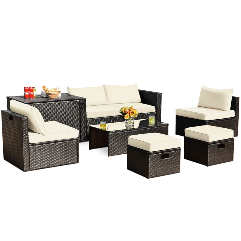 8 Piece Space-saving PE Rattan Wicker Outdoor Sectional Sofa Modular Patio Furniture with Storage Box & Waterproof Cover