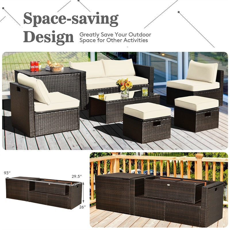 8 Piece Space-saving PE Rattan Wicker Outdoor Sectional Sofa Modular Patio Furniture with Storage Box & Waterproof Cover