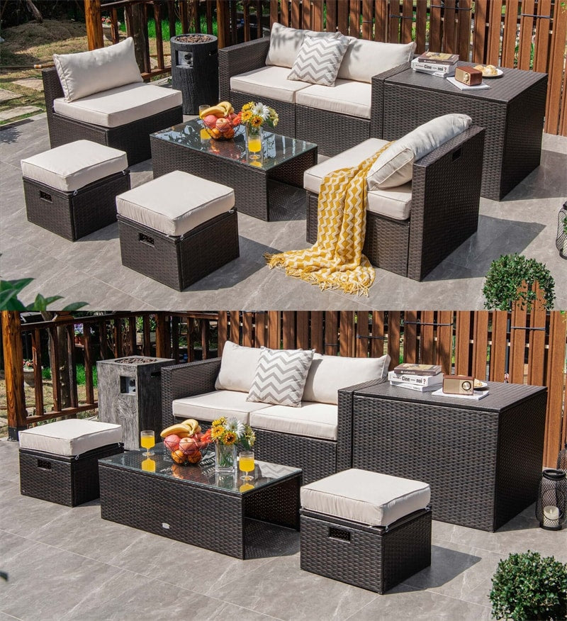 8 Piece Space-saving PE Rattan Wicker Outdoor Sectional Sofa Modular Patio Furniture with Storage Box & Waterproof Cover