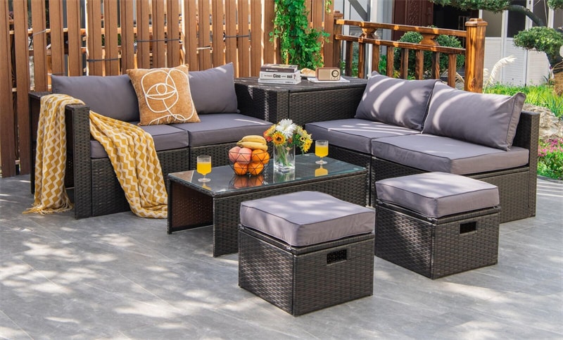 8 Piece Space-saving PE Rattan Wicker Outdoor Sectional Sofa Modular Patio Furniture with Storage Box & Waterproof Cover