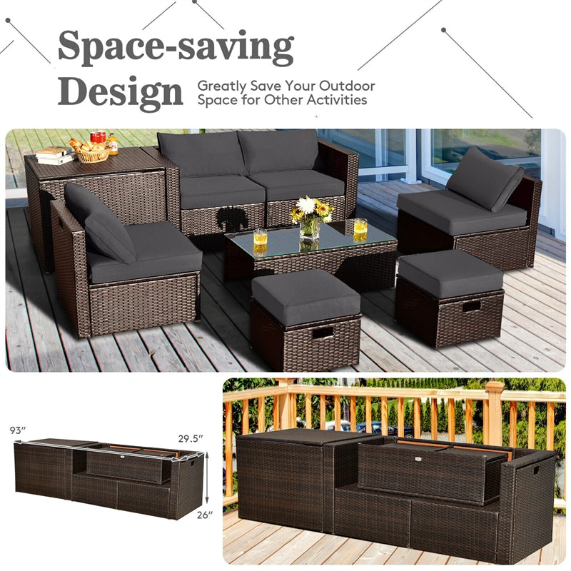 8 Piece Space-saving PE Rattan Wicker Outdoor Sectional Sofa Modular Patio Furniture with Storage Box & Waterproof Cover