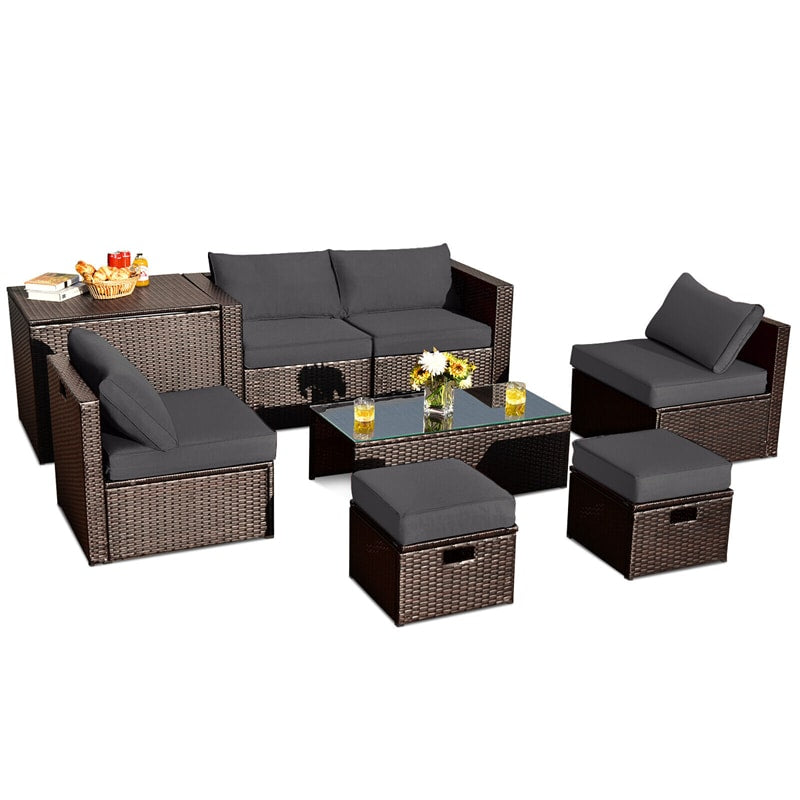 8 Piece Space-saving PE Rattan Wicker Outdoor Sectional Sofa Modular Patio Furniture with Storage Box & Waterproof Cover