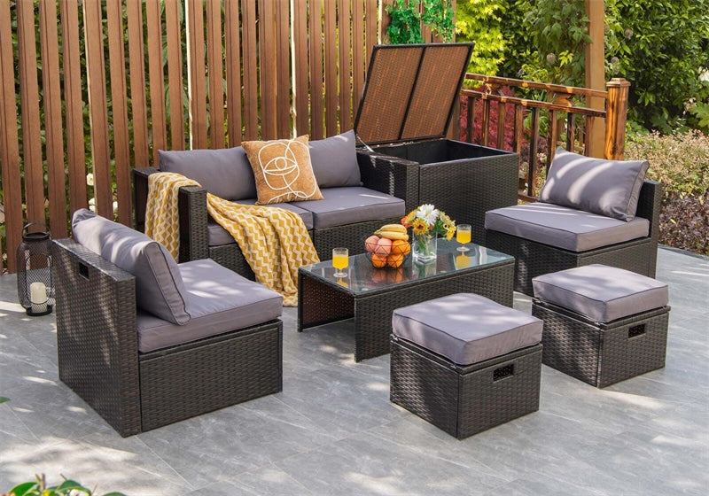 8 Piece Space-saving PE Rattan Wicker Outdoor Sectional Sofa Modular Patio Furniture with Storage Box & Waterproof Cover