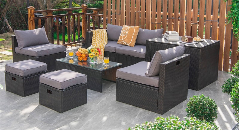 8 Piece Space-saving PE Rattan Wicker Outdoor Sectional Sofa Modular Patio Furniture with Storage Box & Waterproof Cover