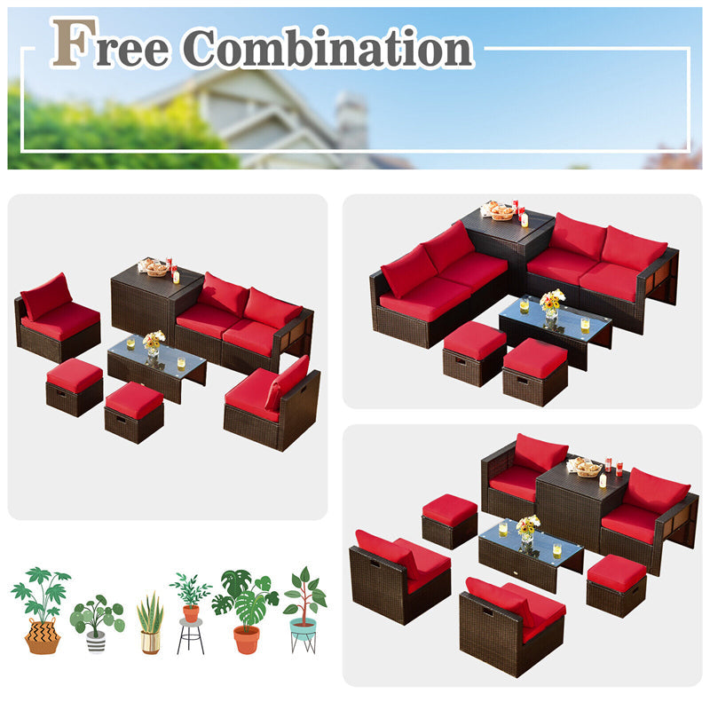 8 Piece Space-saving PE Rattan Wicker Outdoor Sectional Sofa Modular Patio Furniture with Storage Box & Waterproof Cover