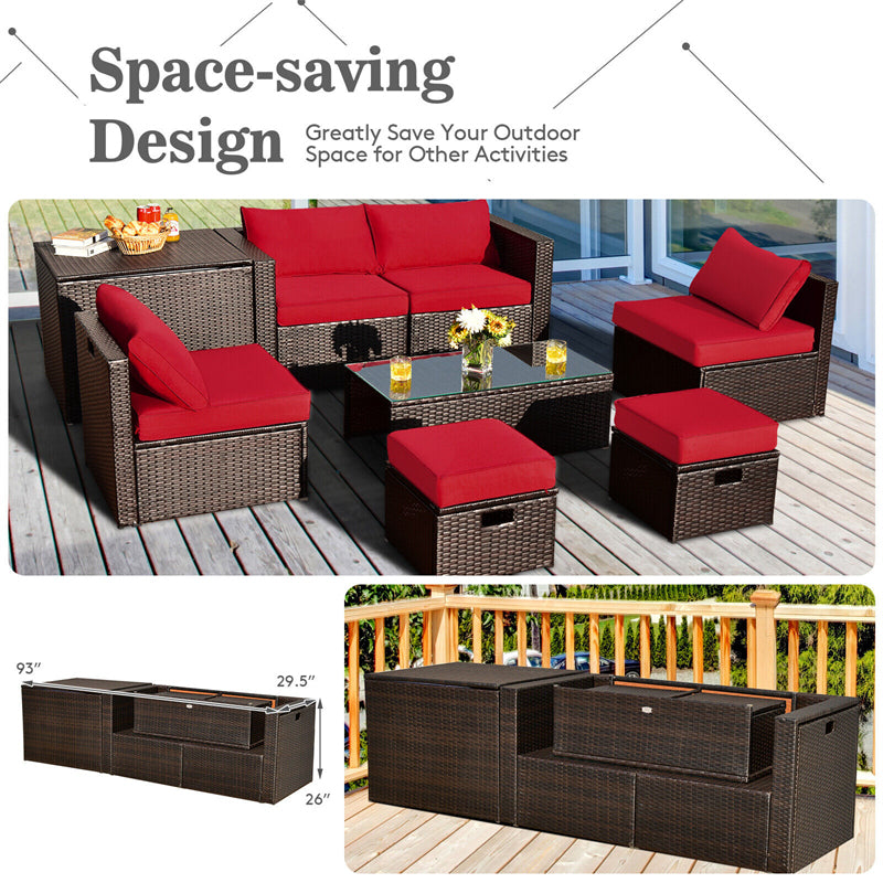 8 Piece Space-saving PE Rattan Wicker Outdoor Sectional Sofa Modular Patio Furniture with Storage Box & Waterproof Cover