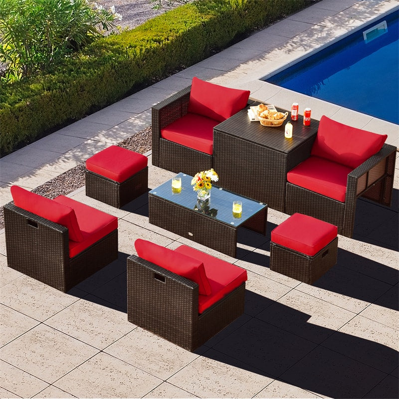 8 Piece Space-saving PE Rattan Wicker Outdoor Sectional Sofa Modular Patio Furniture with Storage Box & Waterproof Cover