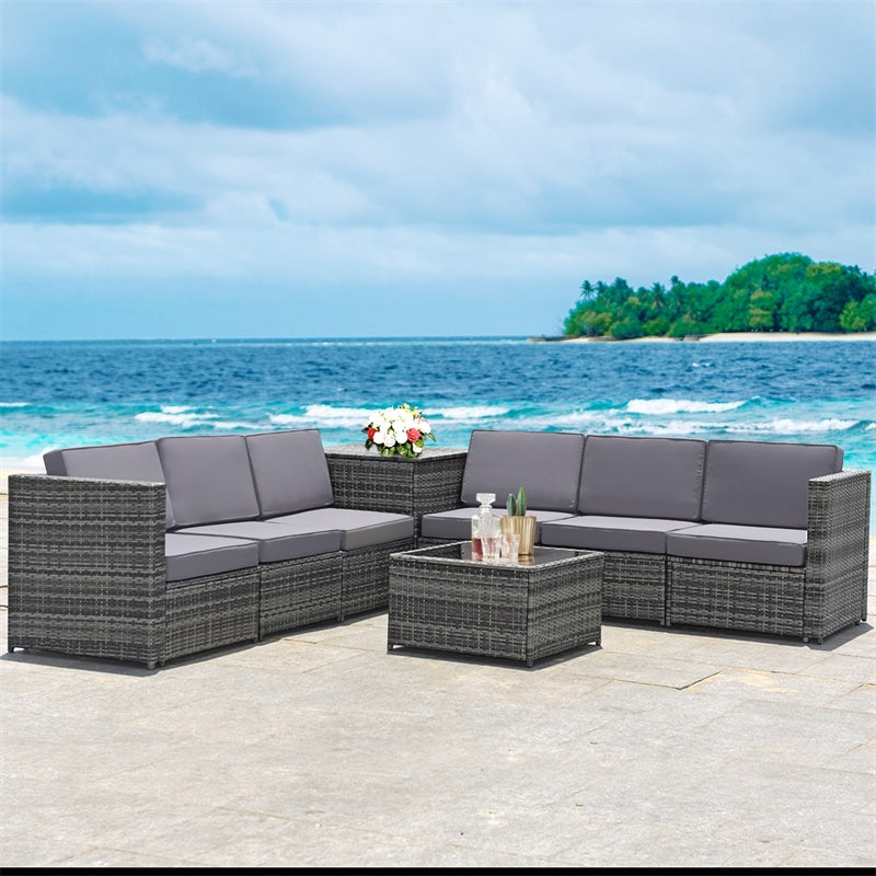 8 Pieces Rattan Patio Sectional Wicker Outdoor Sofa Furniture Set with Storage Table & Waterproof Cover