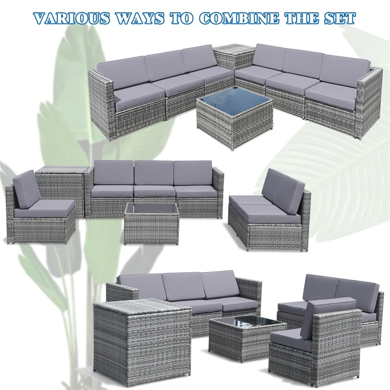 8 Pieces Rattan Patio Sectional Wicker Outdoor Sofa Furniture Set with Storage Table & Waterproof Cover