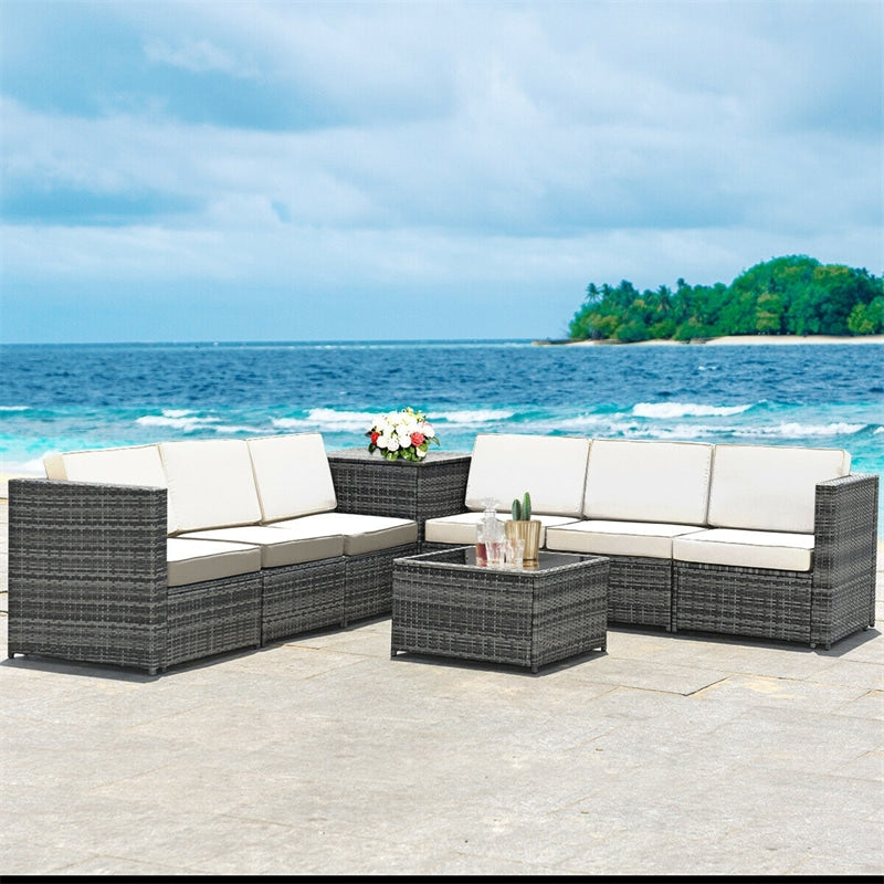 8 Pieces Rattan Patio Sectional Wicker Outdoor Sofa Furniture Set with Storage Table & Waterproof Cover