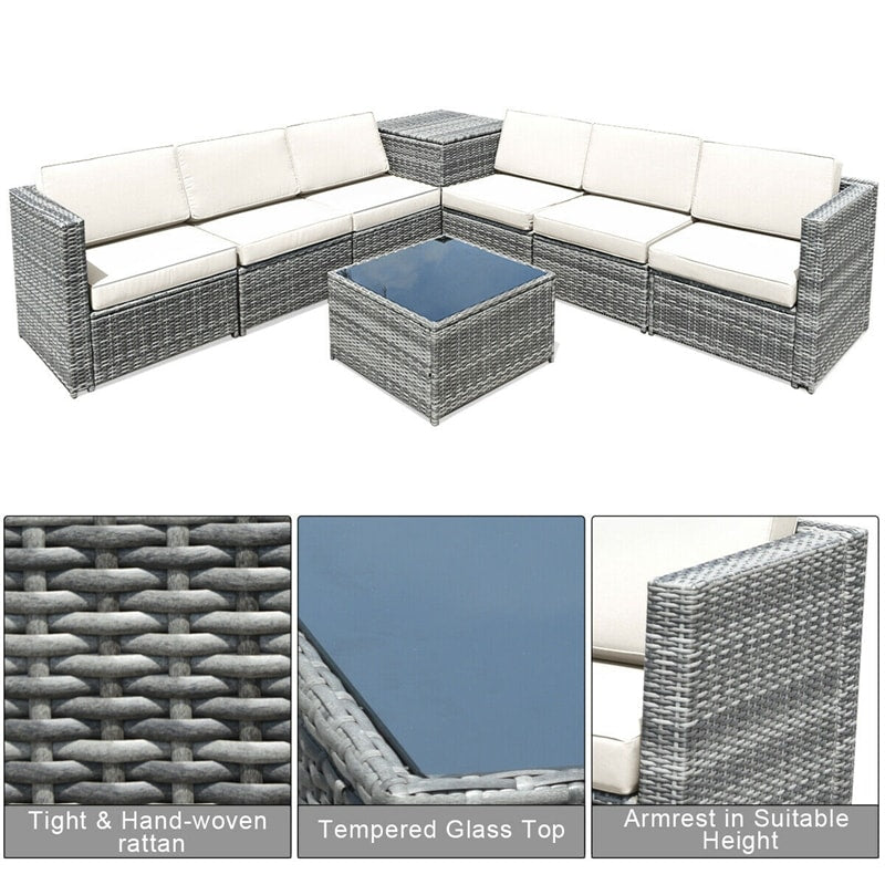 8 Pieces Rattan Patio Sectional Wicker Outdoor Sofa Furniture Set with Storage Table & Waterproof Cover