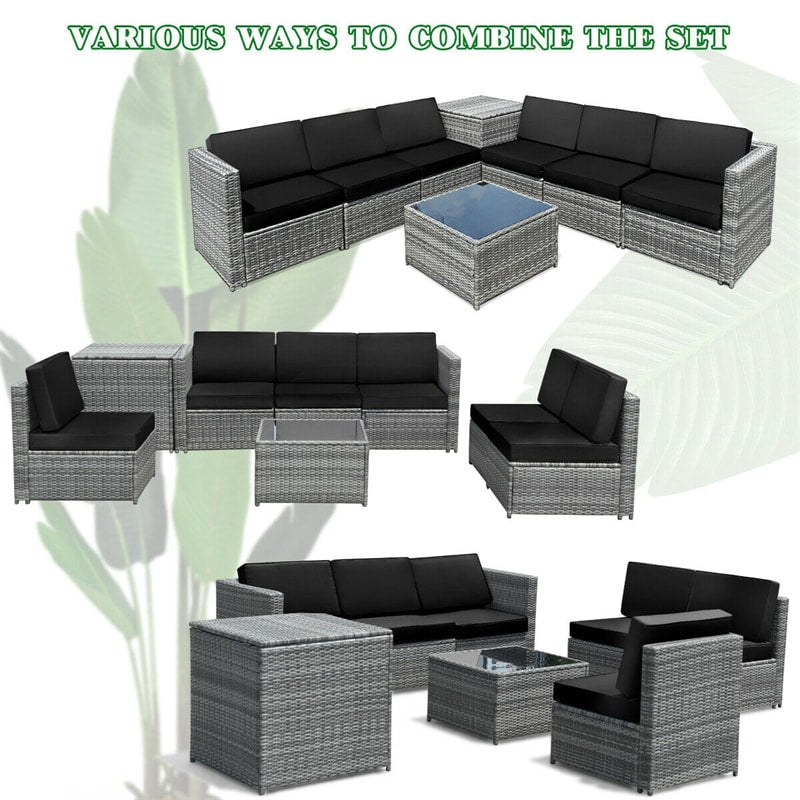 8 Pieces Rattan Patio Sectional Wicker Outdoor Sofa Furniture Set with Storage Table & Waterproof Cover