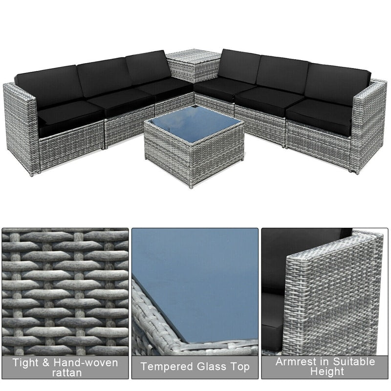 8 Pieces Rattan Patio Sectional Wicker Outdoor Sofa Furniture Set with Storage Table & Waterproof Cover