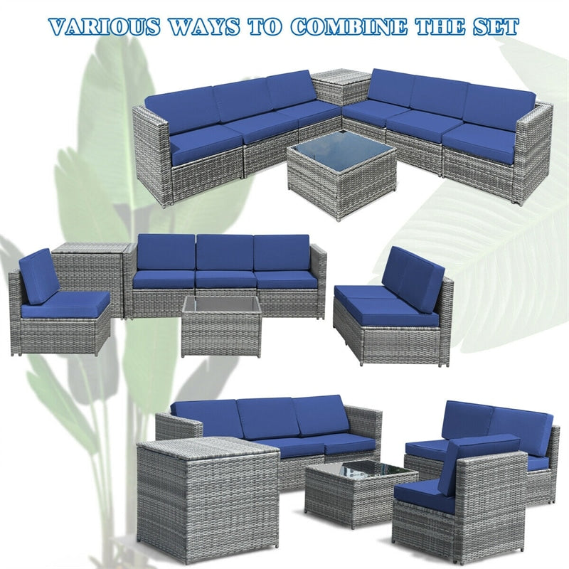 8 Pieces Rattan Patio Sectional Wicker Outdoor Sofa Furniture Set with Storage Table & Waterproof Cover