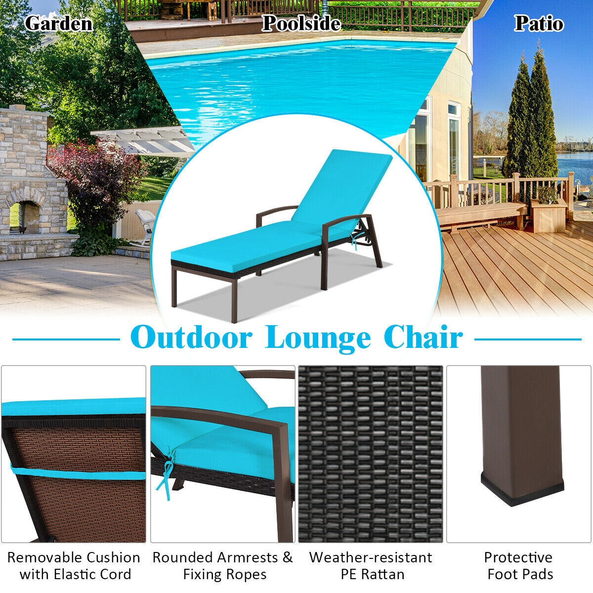 2 Pieces Patio Rattan Outdoor Reclining Chaise Lounge Chair with Cushion for Balcony & Beach