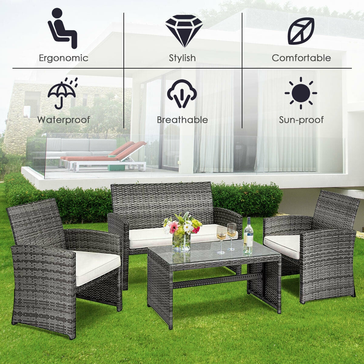 4 Pieces Patio Rattan Furniture Set with Glass Table and Loveseat