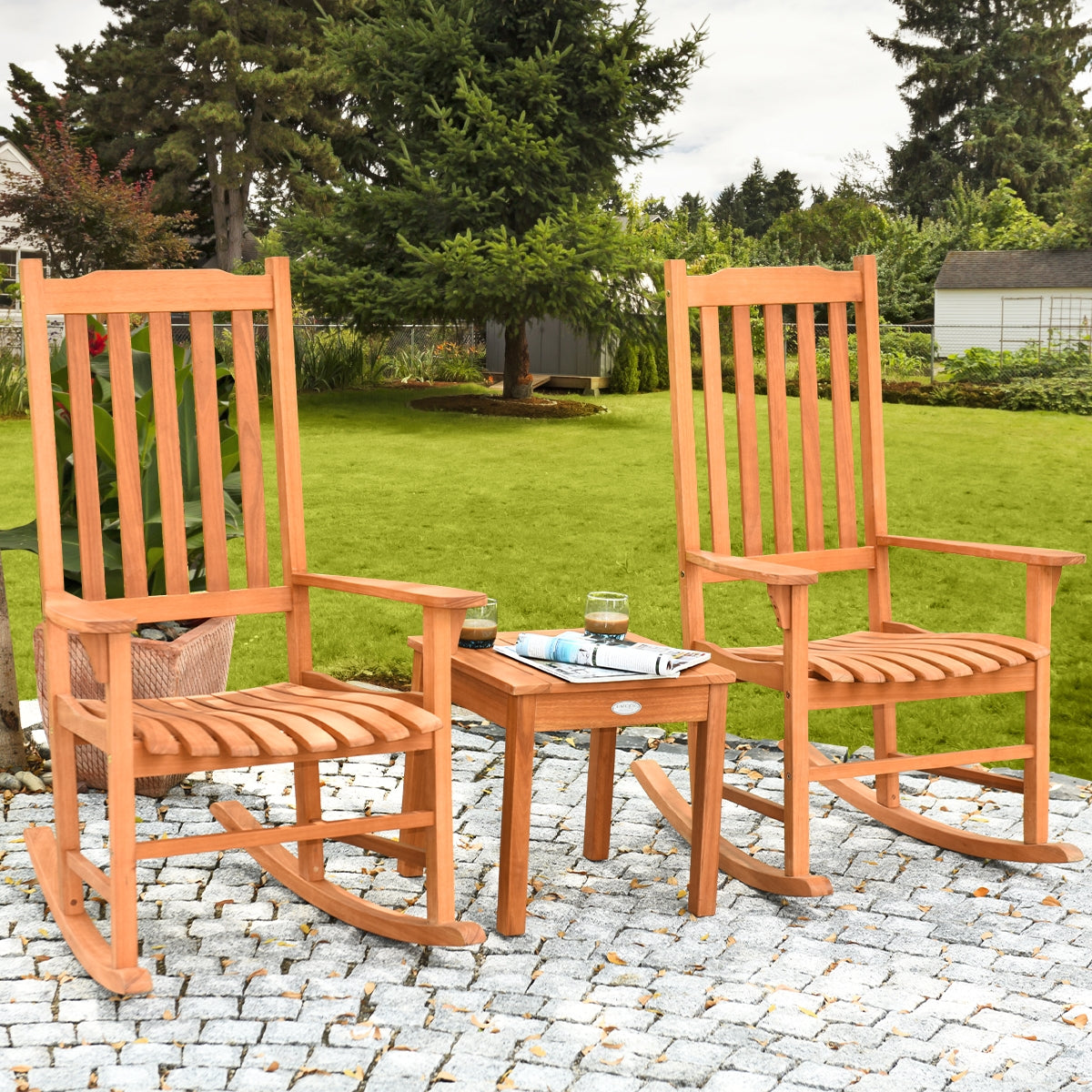 3 Pieces Eucalyptus Rocking Chair Set with Coffee Table for Outdoor Patio and Garden