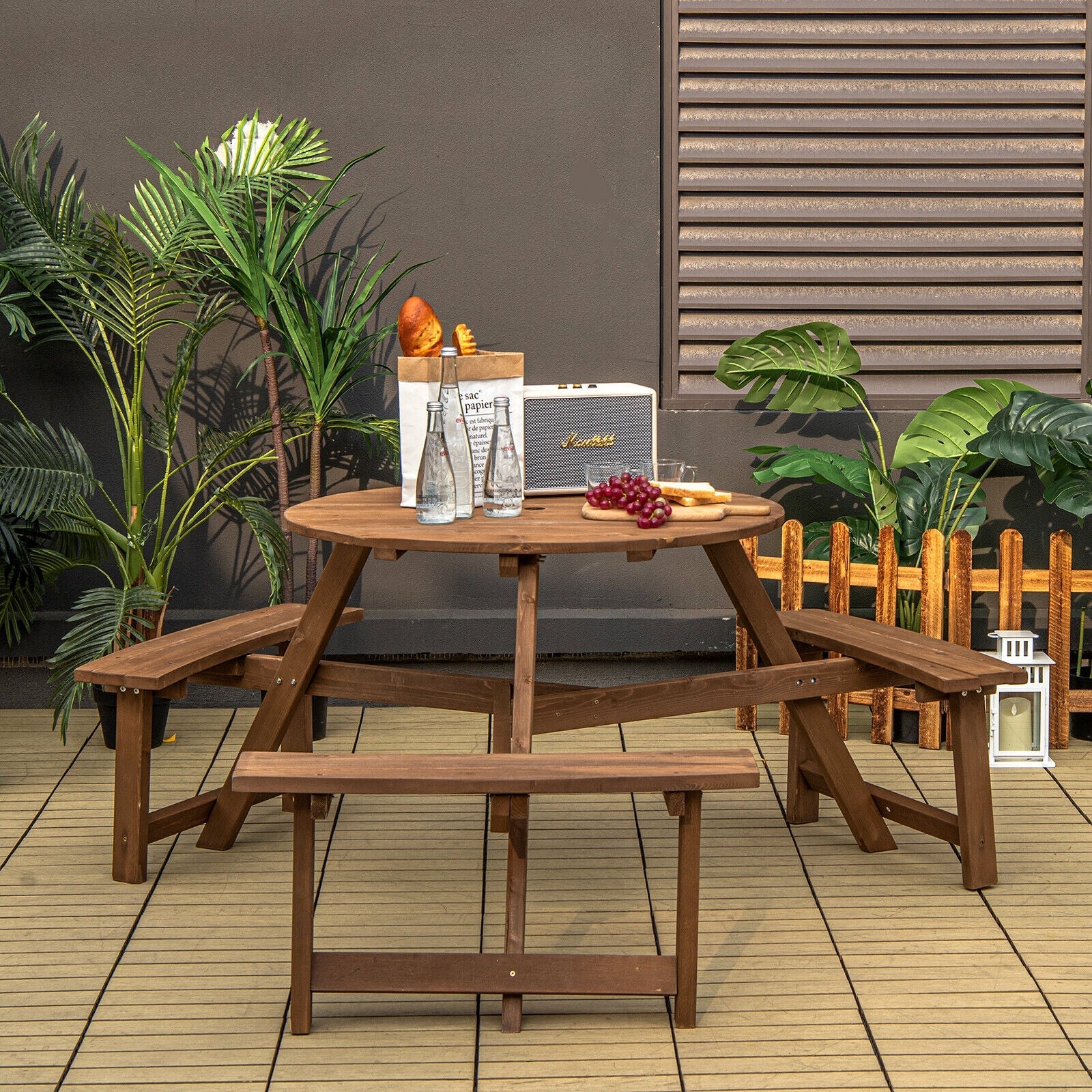 6-person Round Wooden Outdoor Picnic Table Benches Set with Umbrella Hole