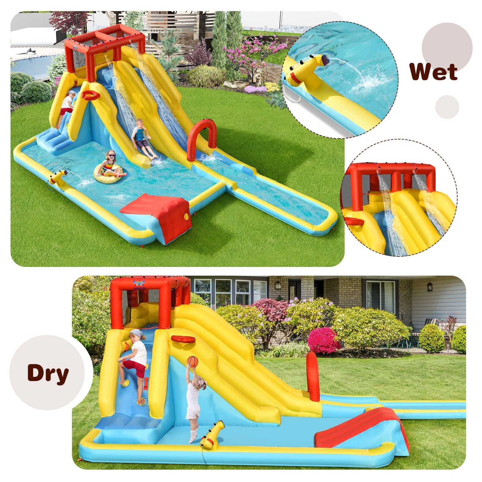 7-in-1 Inflatable Dual Slide Water Park Climbing Bouncer with 735W Air Blower