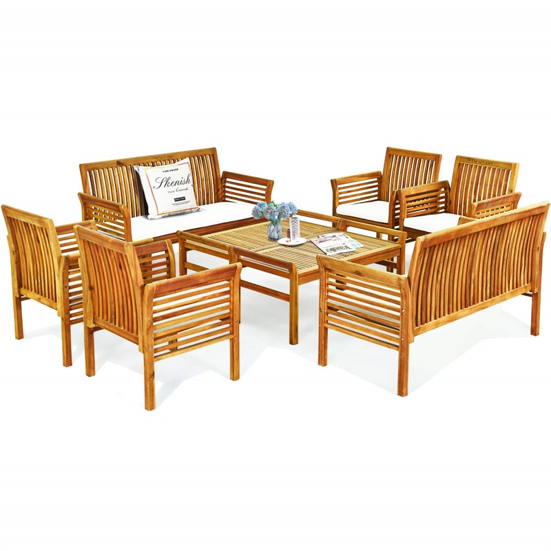 8PCS Outdoor Acacia Wood Sofa Furniture Set Patio Conversation Loveseat Chair Set with Coffee Table & Waterproof Cushions for Garden Yard