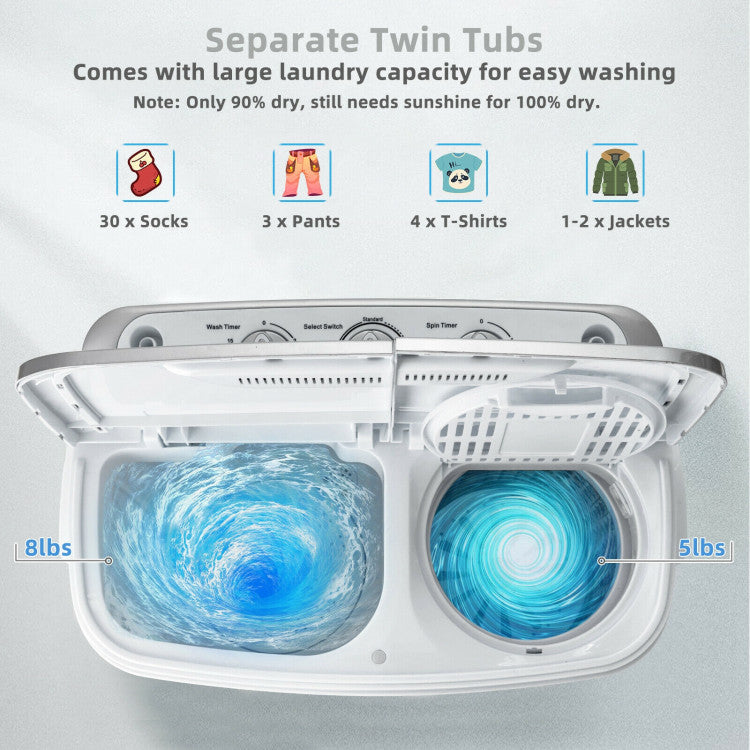 8 lbs Portable Mini Twin Tub Spinner Semi-Automatic Washing Machine for Apartments