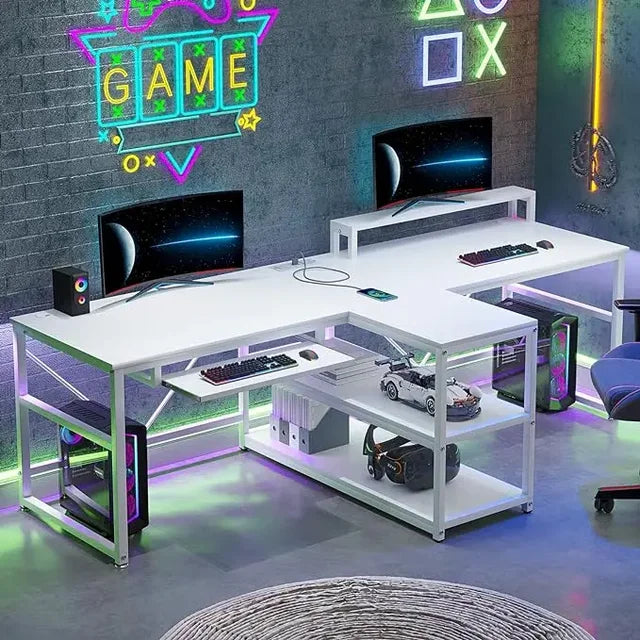 94.5" Gaming/Office Desk with LED Lights, Storage, Power Strip, Keyboard Tray & Monitor Stand - ElitePlayPro