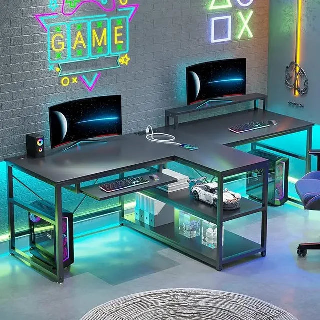 94.5" Gaming/Office Desk with LED Lights, Storage, Power Strip, Keyboard Tray & Monitor Stand - ElitePlayPro