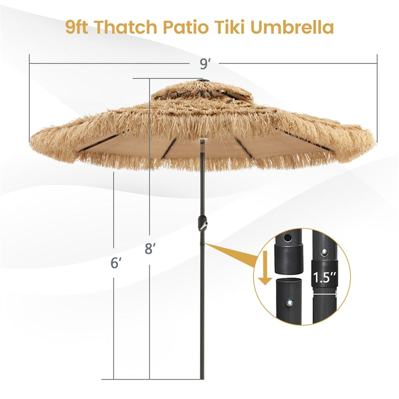 9FT Thatched Tiki Patio Umbrella Grass Beach Umbrella with Solar LED lights