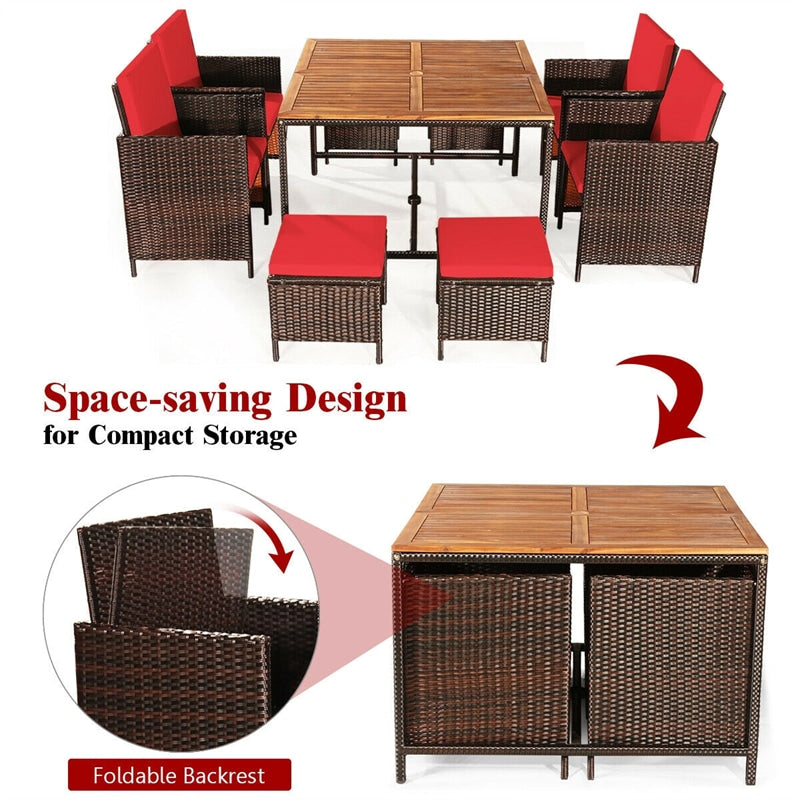 9 Pcs Outdoor Acacia Wood Patio Rattan Dining Set with Wicker Chairs & Umbrella Hole