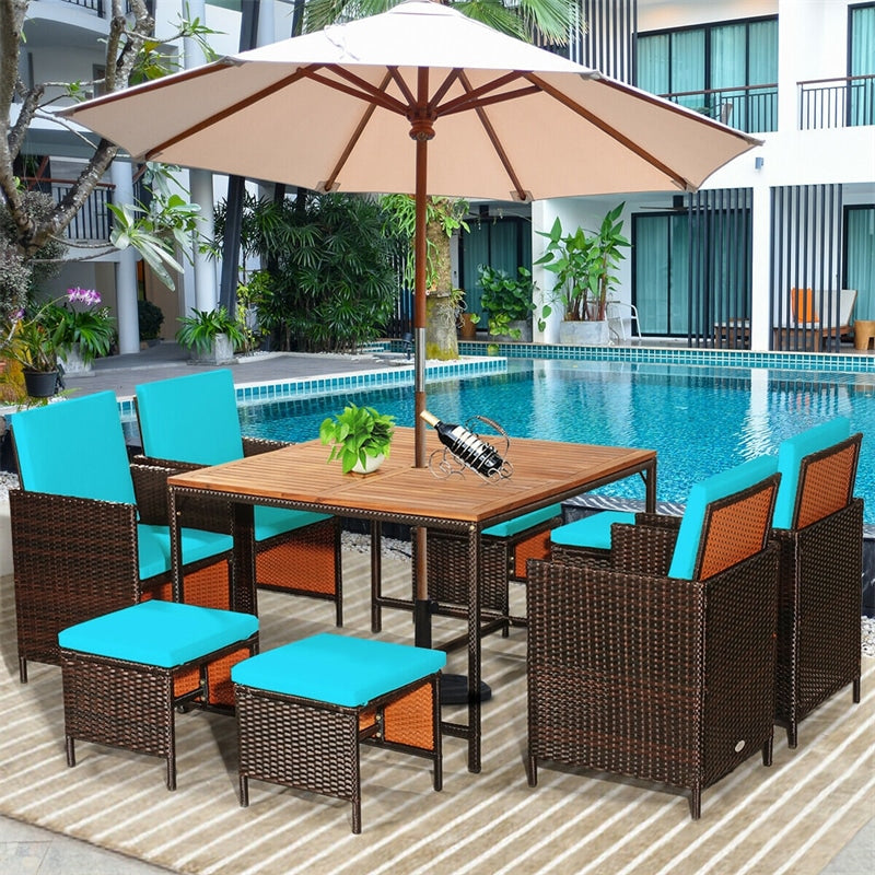 9 Pcs Outdoor Acacia Wood Patio Rattan Dining Set with Wicker Chairs & Umbrella Hole