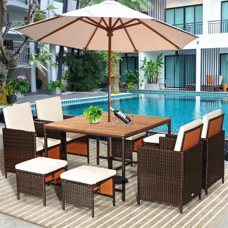 9 Pcs Outdoor Acacia Wood Patio Rattan Dining Set with Wicker Chairs & Umbrella Hole