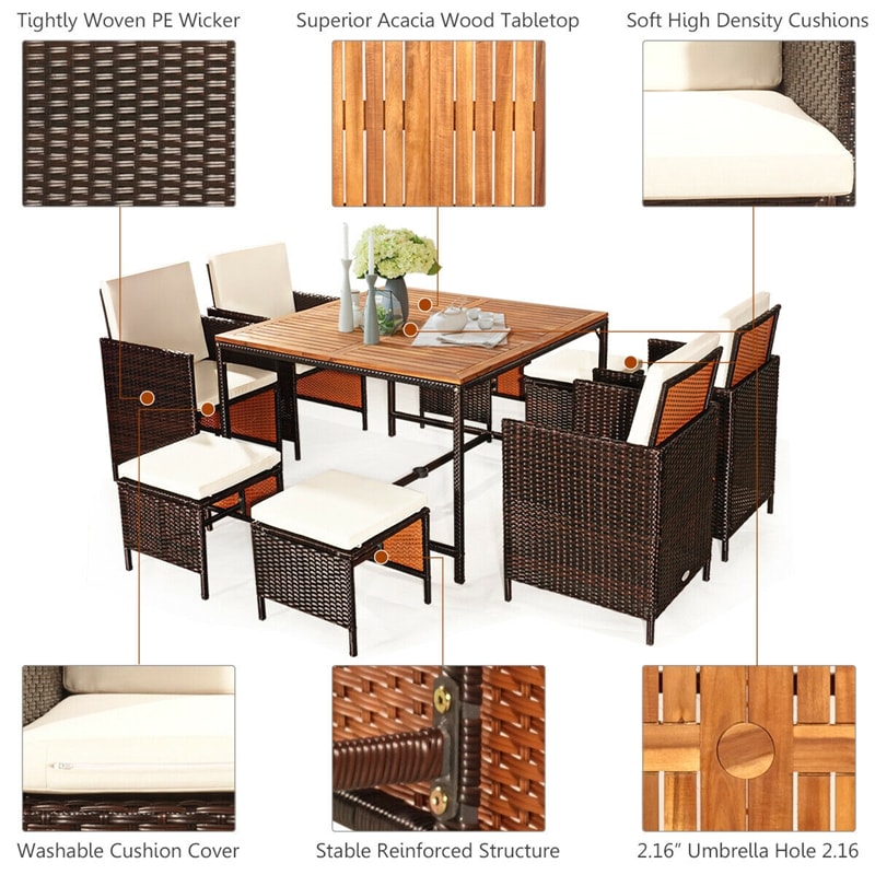 9 Pcs Outdoor Acacia Wood Patio Rattan Dining Set with Wicker Chairs & Umbrella Hole