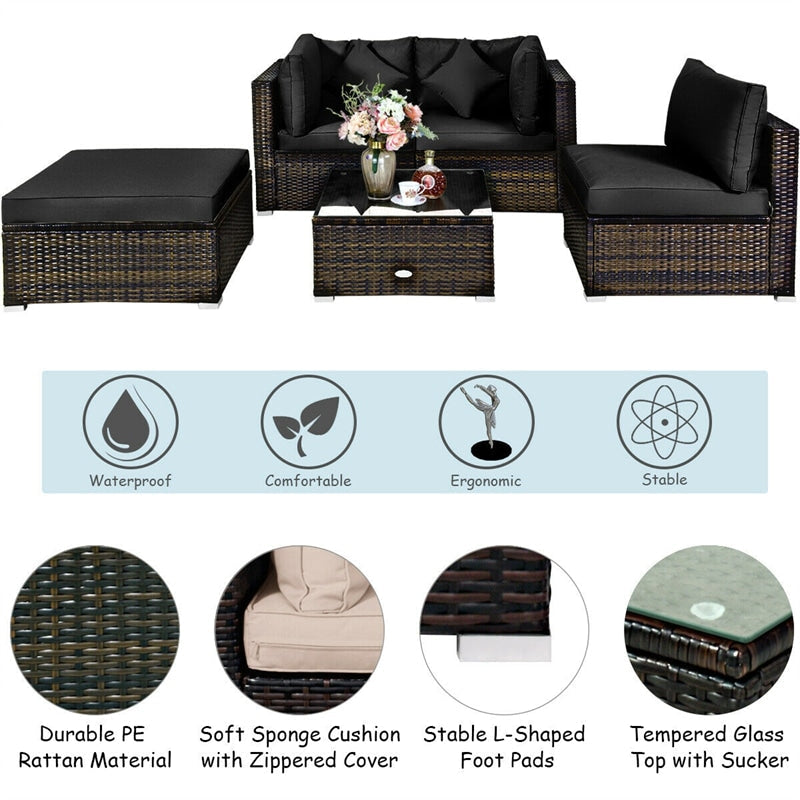 5 Piece Wicker Patio Rattan Furniture Set Outdoor Sectional Sofa with Glass Table & Cushions