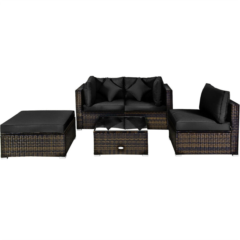 5 Piece Wicker Patio Rattan Furniture Set Outdoor Sectional Sofa with Glass Table & Cushions