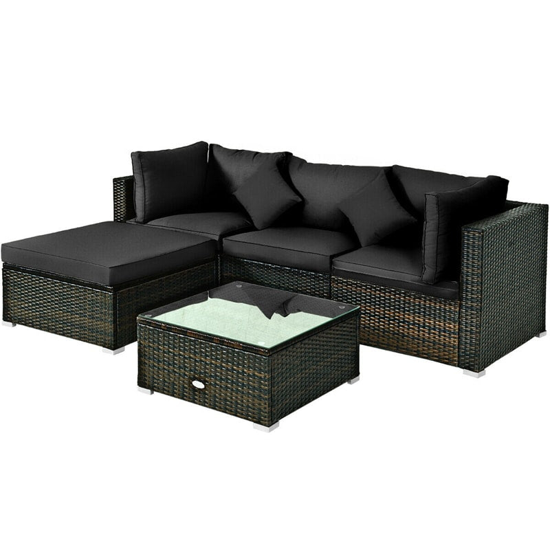 5 Piece Wicker Patio Rattan Furniture Set Outdoor Sectional Sofa with Glass Table & Cushions