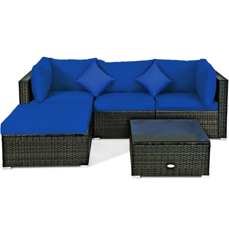 5 Piece Wicker Patio Rattan Furniture Set Outdoor Sectional Sofa with Glass Table & Cushions