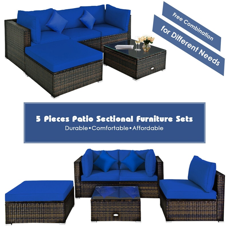 5 Piece Wicker Patio Rattan Furniture Set Outdoor Sectional Sofa with Glass Table & Cushions