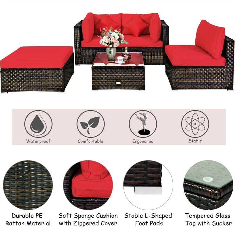 5 Piece Wicker Patio Rattan Furniture Set Outdoor Sectional Sofa with Glass Table & Cushions