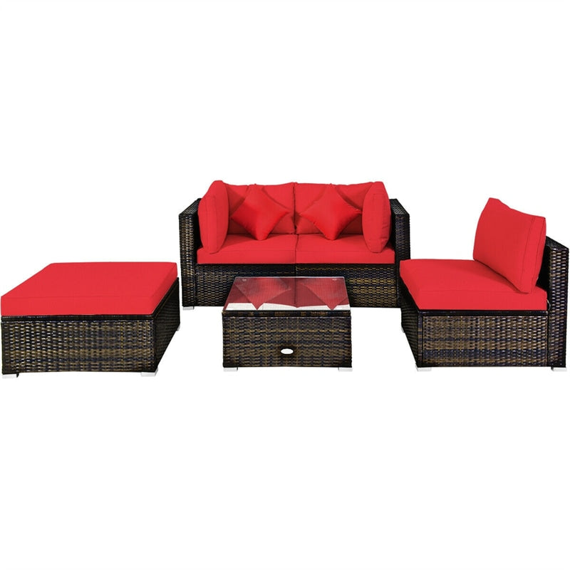 5 Piece Wicker Patio Rattan Furniture Set Outdoor Sectional Sofa with Glass Table & Cushions