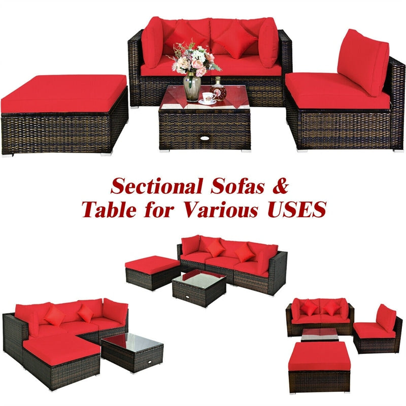 5 Piece Wicker Patio Rattan Furniture Set Outdoor Sectional Sofa with Glass Table & Cushions