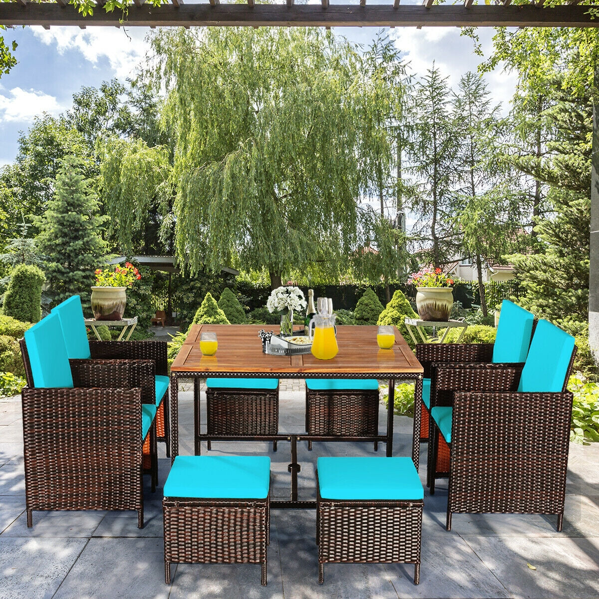 9 Pieces Rattan Dining Cushioned Chairs Set for Patio