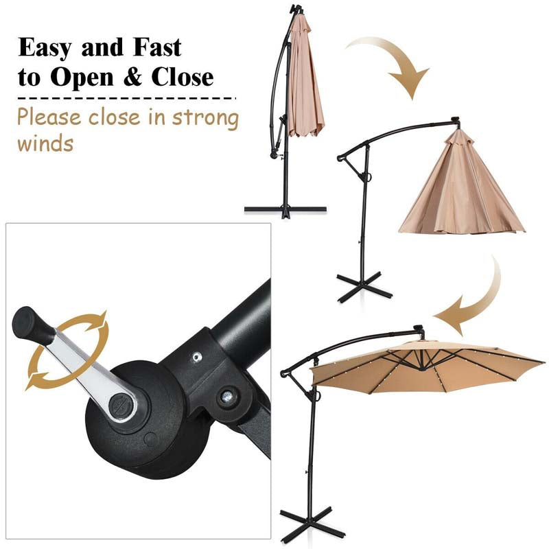 10FT Offset Patio Umbrella Solar Powered LED Outdoor Market Umbrella 360 Degree Rotation with Crank Handle & Cross Base