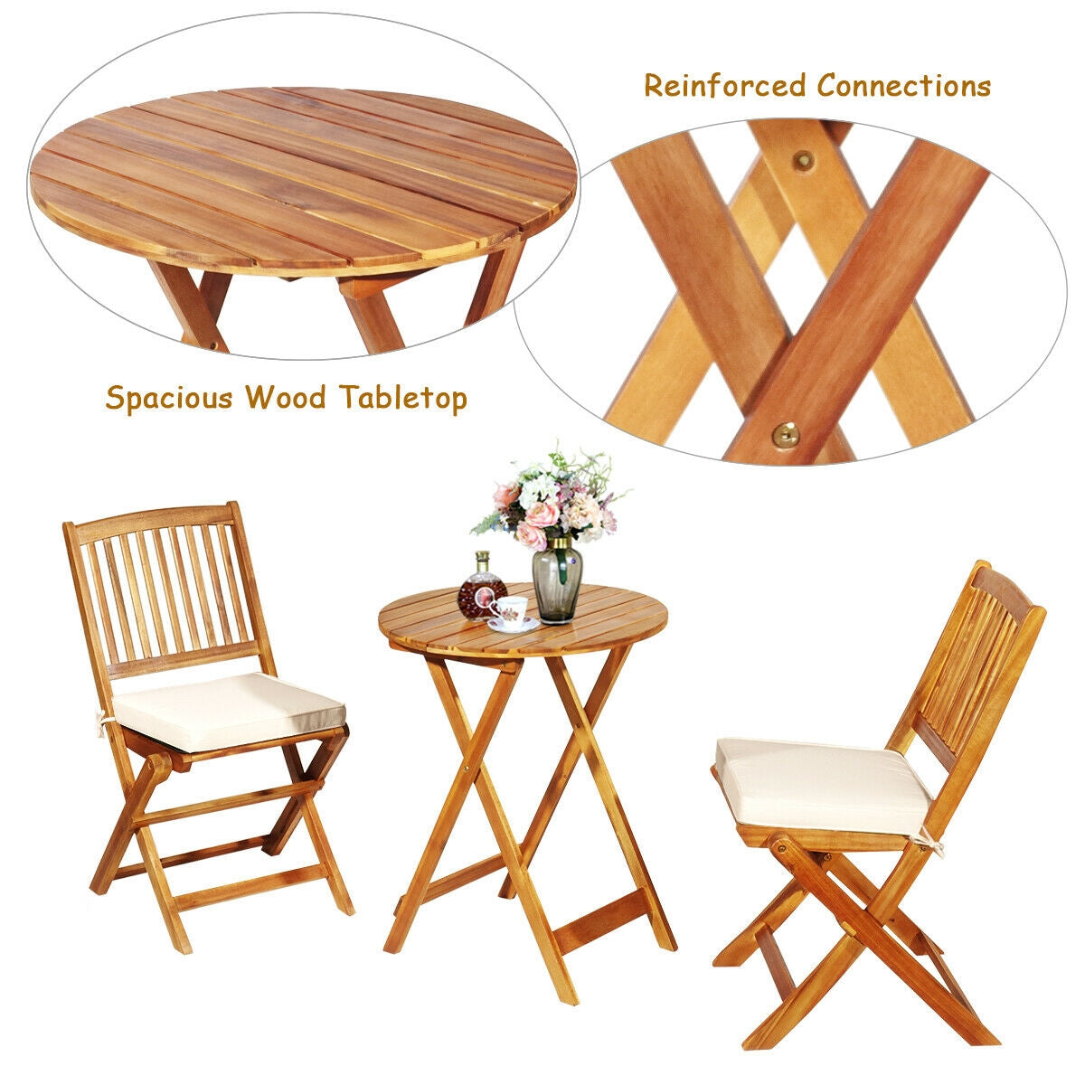 3 Pieces Patio Folding Wooden Bistro Set Cushioned Chair