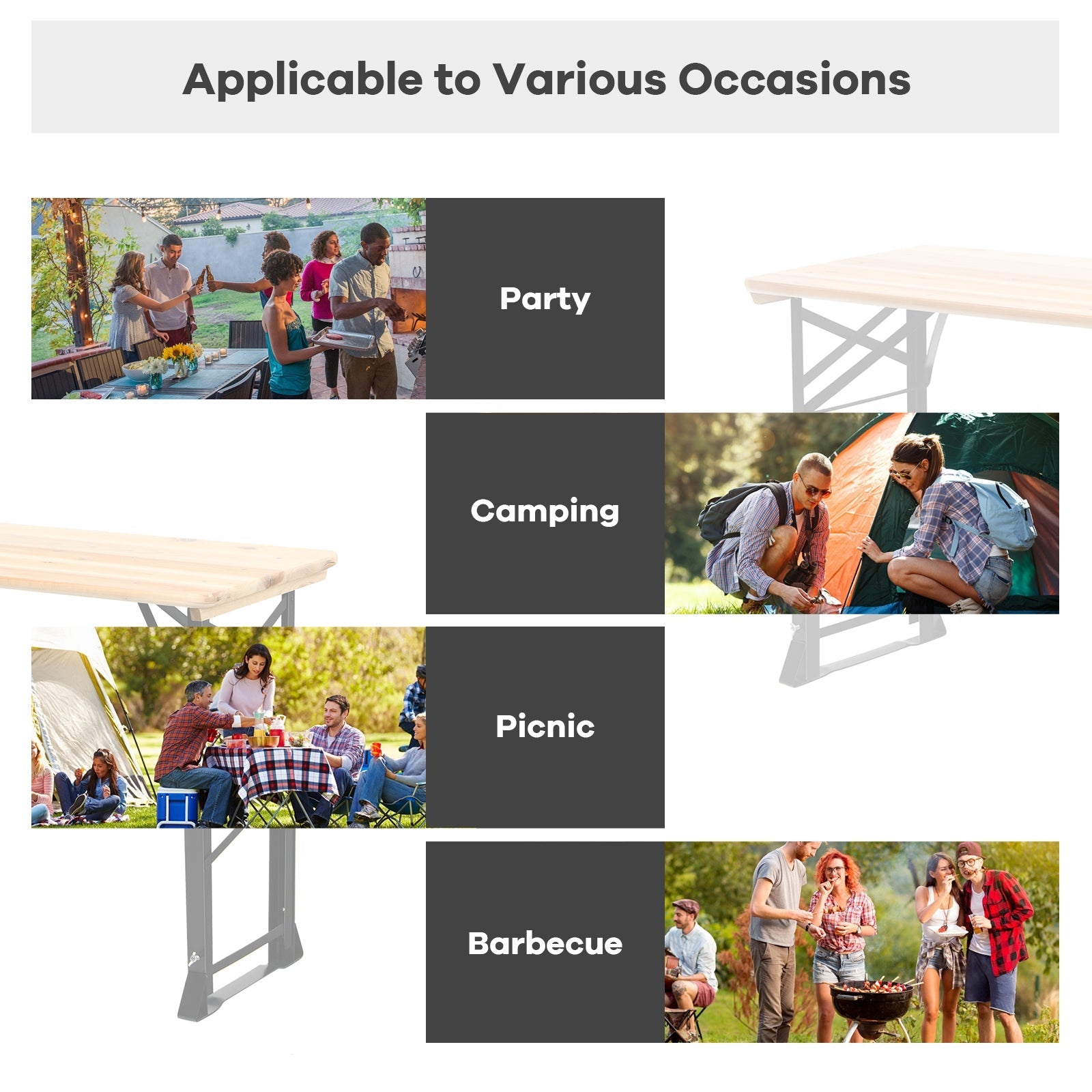 66.5 Inch Adjustable Heights Folding Beer Table with Umbrella Hole for Camping and Picnic