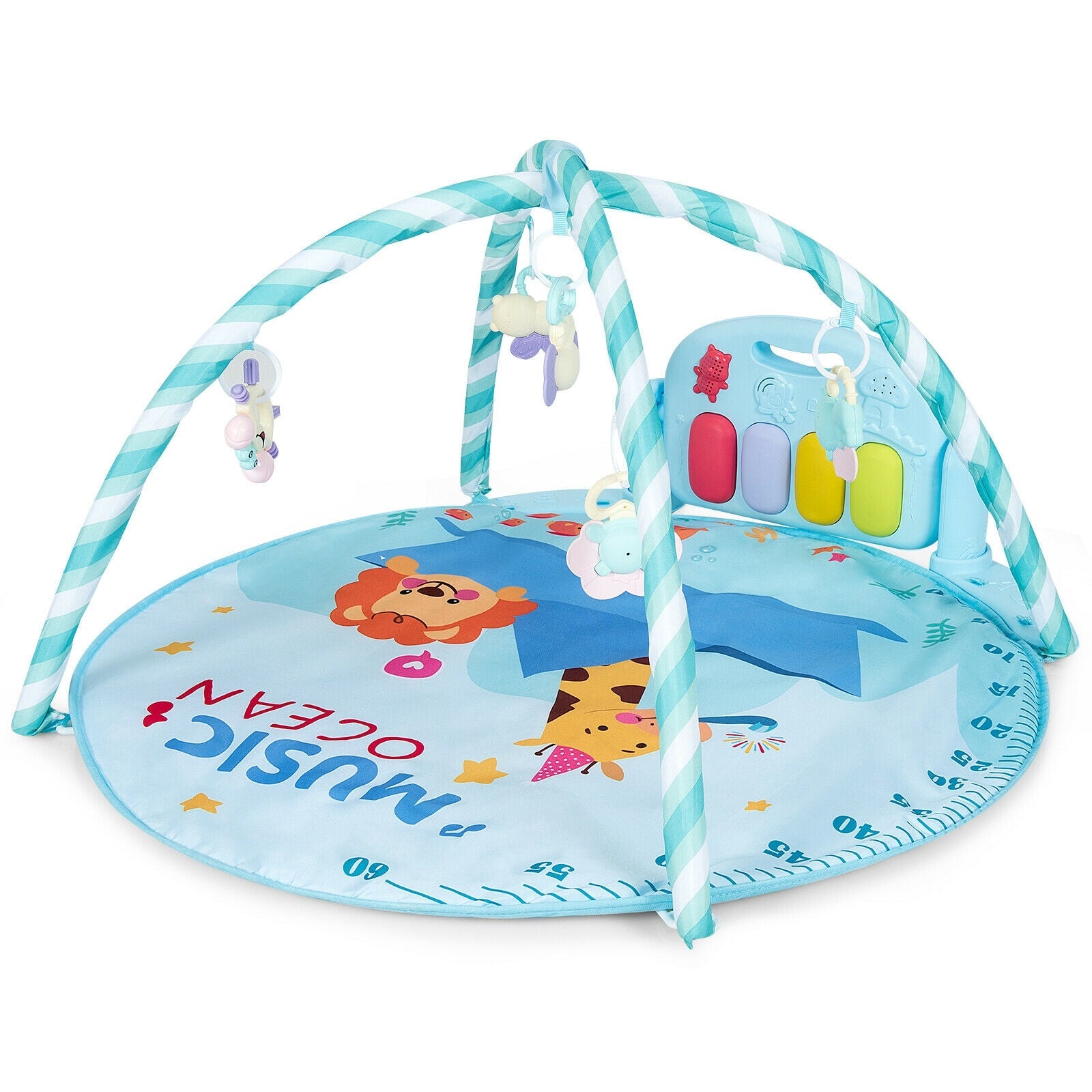 Baby Activity Play Mat with 5 Hanging Sensory Toys and Cushion